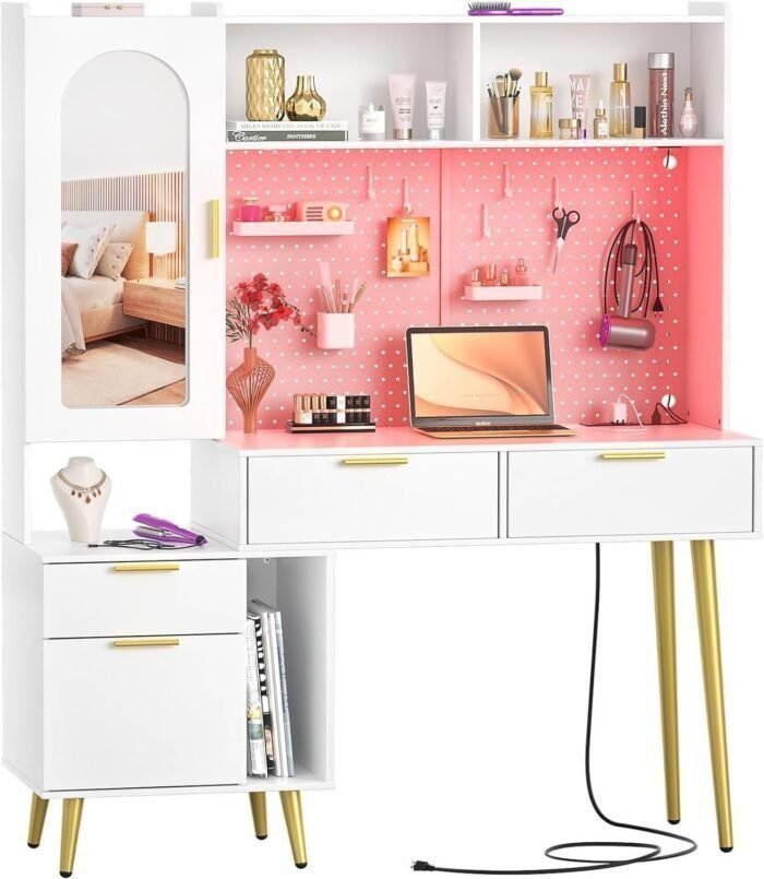 Makeup Vanity with Hutch, White Bedroom Vanity with Charging Station and LED, Tall Vanity Table with Pegboard