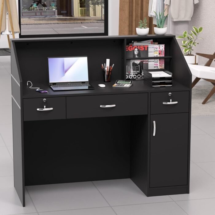 Reception Desk with Counter, Modern Front Table Equipped Lockers & Storage Shelves