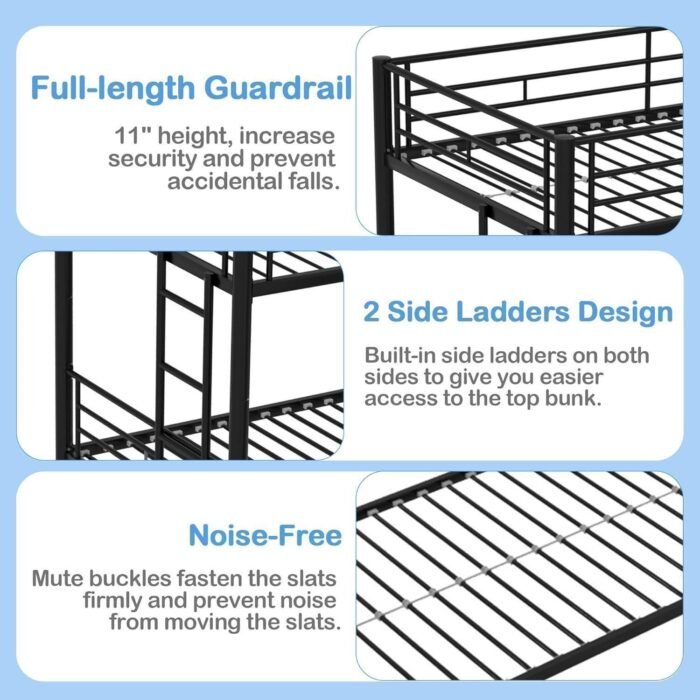 Twin Over Twin Bunk Bed with Trundle, Metal Bunkbeds with Ladder and Full-Length Guardrail