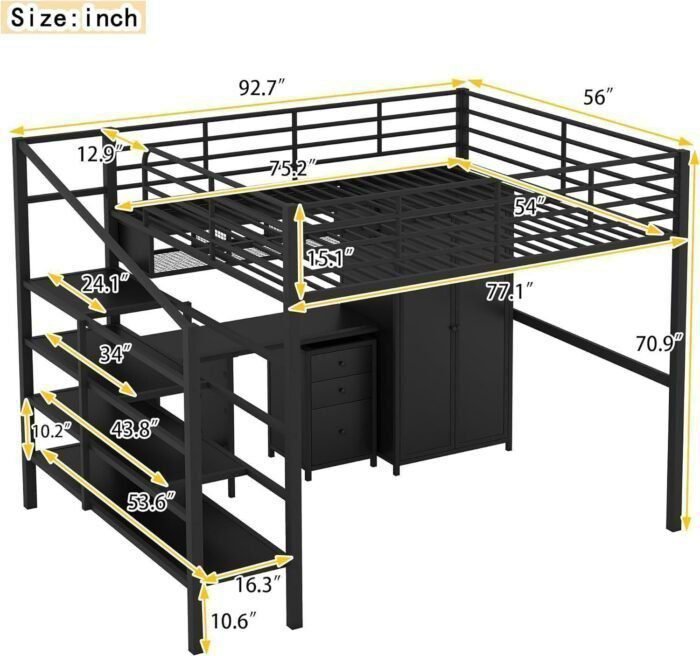 Metal Loft Bed Full Size with Storage Stair and Table, Stairway LoftBed