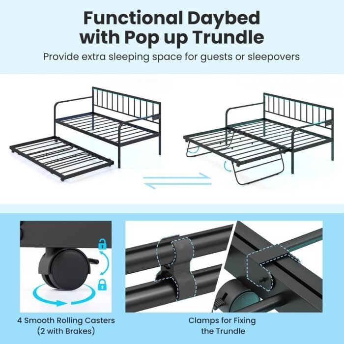 Twin Daybed with Trundle, Metal Day Bed with Charging Station LED Lights, Sofa Bed Frame with Pop up Trundle