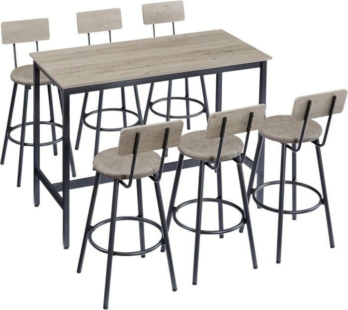 Long Bar Table Set with 6 PU Leather Bar Stools, Dining Table and Chair Sets