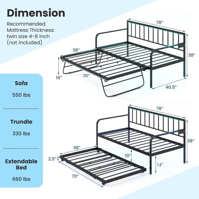 Twin Daybed with Trundle, Metal Day Bed with Charging Station LED Lights, Sofa Bed Frame with Pop up Trundle