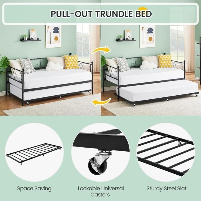 Metal Daybed Frame with Trundle Heavy Duty Metal Slats/Mattress Foundation Platform Sofa Bed with Headboard for Bedroom