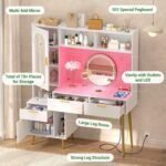 Makeup Vanity with Hutch, White Bedroom Vanity with Charging Station and LED, Tall Vanity Table with Pegboard