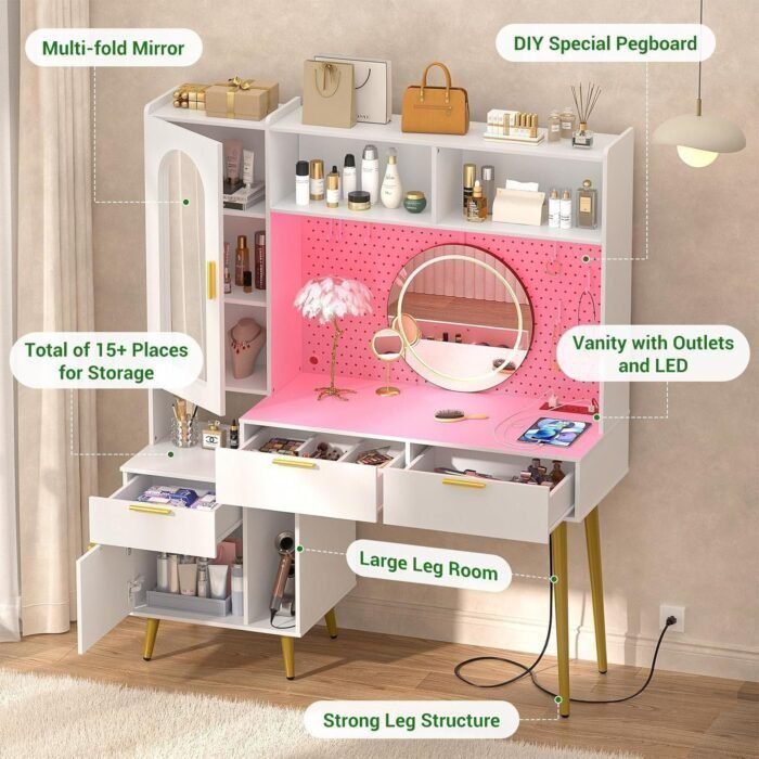 Makeup Vanity with Hutch, White Bedroom Vanity with Charging Station and LED, Tall Vanity Table with Pegboard