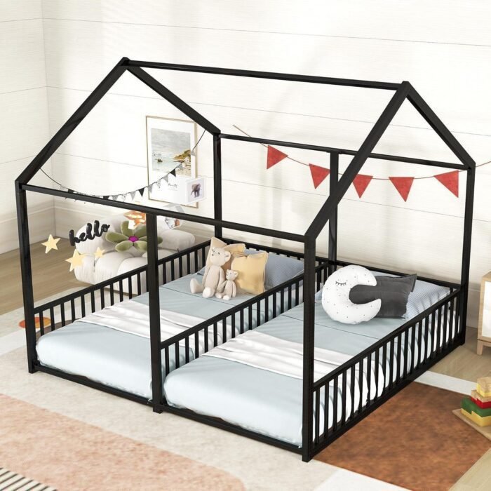 Double Floor Bed for Twins,Twin Size House Bed for 2 Kids,Two Shared Beds,Twin House Platform Beds