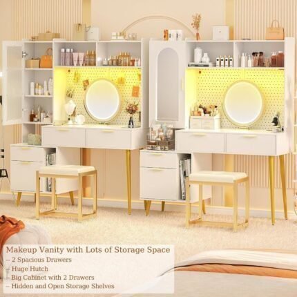 Makeup Vanity with Hutch, White Bedroom Vanity with Charging Station and LED, Tall Vanity Table with Pegboard