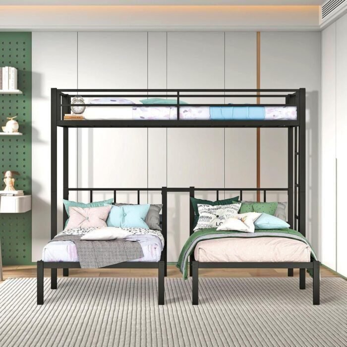 Metal Triple Bunk Bed for 3 Kids,Twin Over Twin Over Twin Bunk Beds with Built-in Shelf
