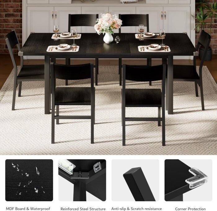 7-Piece Dining Table & Chairs Set for 4-6, 63" Extendable Kitchen Table with 6 Chairs