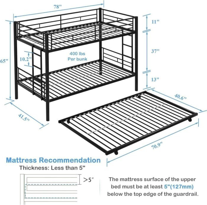 Twin Over Twin Bunk Bed with Trundle, Metal Bunkbeds with Ladder and Full-Length Guardrail