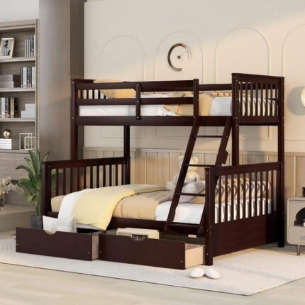 Wood Bunk Bed with Drawers,Convertible Wood Bunk Bed with Ladders and Two Storage Drawers