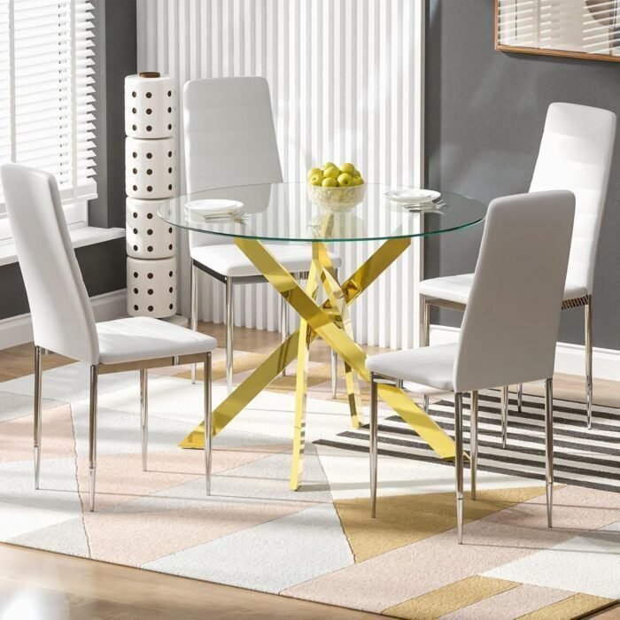 Dining Table Set for 4,5 Piece Gold Kitchen Table Set,35.3" Small Round Dining Table with 4 Chairs