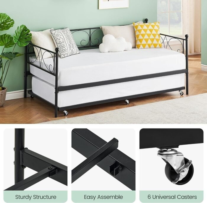 Metal Daybed Frame with Trundle Heavy Duty Metal Slats/Mattress Foundation Platform Sofa Bed with Headboard for Bedroom