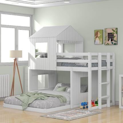 Loft Bed with Playhouse, Wooden Twin Over Full Bunk Bed with Ladder