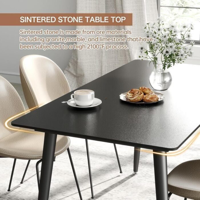 Dining Table, Black 55" Kitchen Table with Sintered Stone Marble Table Top and Metal Legs