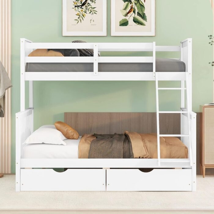 Twin Over Full Bunk Bed with Two Storage Drawers and Rails, Convertible to 2 Separated Platform Beds