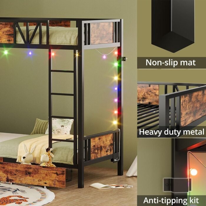 Bunk Bed with Power Outlet and Drawers, Metal Twin Bed Frames with Ladder and LED Lighted, Space-Saving