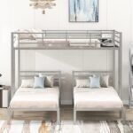 Metal Triple Bunk Bed, Full Over Twin & Twin Size Bunk Bed with Built-in Shelf and Ladder