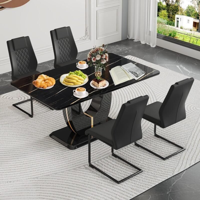 Table and Chairs Set of 4 with Mareble Table Black Rectangular Kitchen Table Set