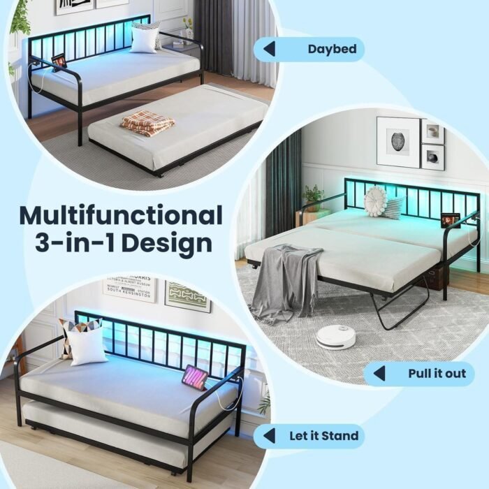 Twin Daybed with Trundle, Metal Day Bed with Charging Station LED Lights, Sofa Bed Frame with Pop up Trundle