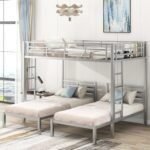 Metal Triple Bunk Bed, Full Over Twin & Twin Size Bunk Bed with Built-in Shelf and Ladder