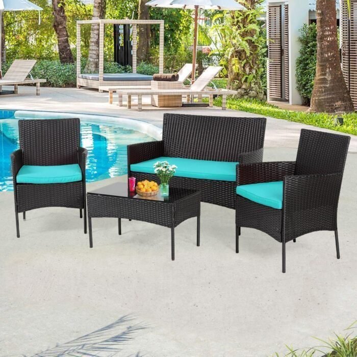 4 Pieces Conversation Set Modular Outdoor Furniture Set Water Resistant Patio Wicker Furniture Set with 3 Rattan Chairs