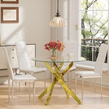 Dining Table Set for 4,5 Piece Gold Kitchen Table Set,35.3" Small Round Dining Table with 4 Chairs