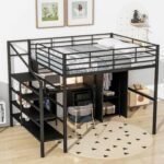 Metal Loft Bed Full Size with Storage Stair and Table, Stairway LoftBed