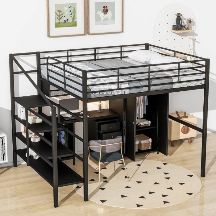 Metal Loft Bed Full Size with Storage Stair and Table, Stairway LoftBed