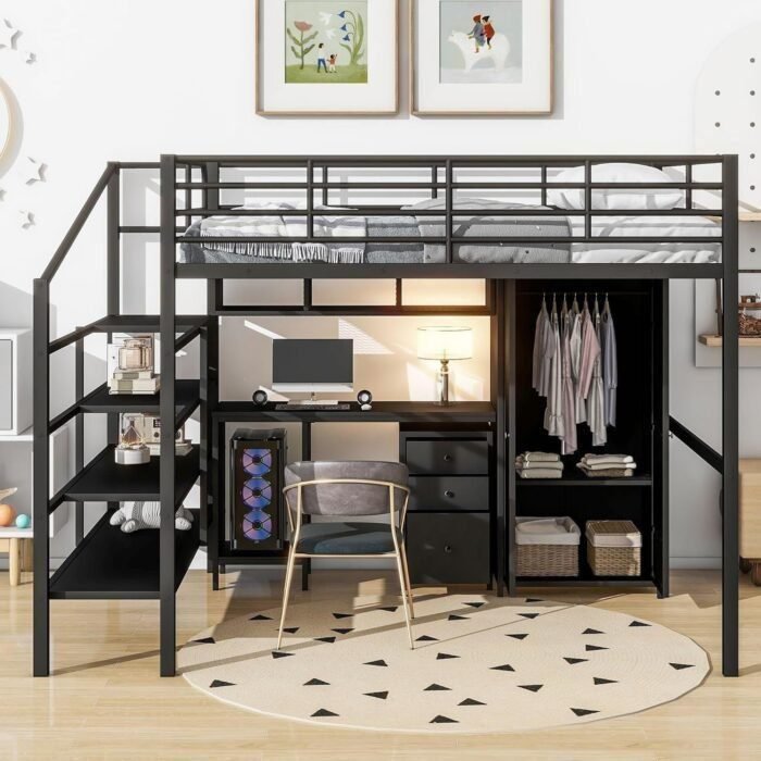 Metal Loft Bed Full Size with Storage Stair and Table, Stairway LoftBed