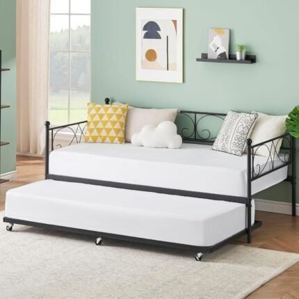 Metal Daybed Frame with Trundle Heavy Duty Metal Slats/Mattress Foundation Platform Sofa Bed with Headboard for Bedroom