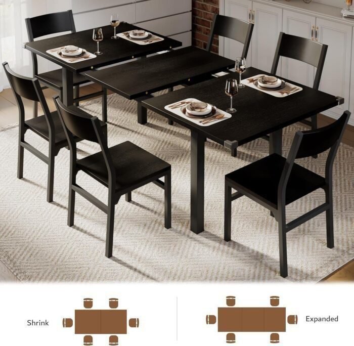 7-Piece Dining Table & Chairs Set for 4-6, 63" Extendable Kitchen Table with 6 Chairs