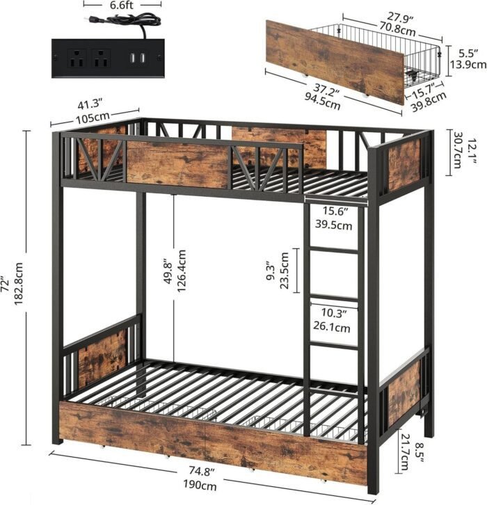 Bunk Bed with Power Outlet and Drawers, Metal Twin Bed Frames with Ladder and LED Lighted, Space-Saving