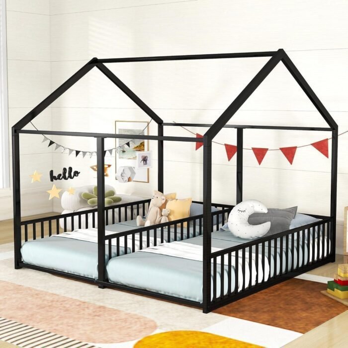 Double Floor Bed for Twins,Twin Size House Bed for 2 Kids,Two Shared Beds,Twin House Platform Beds