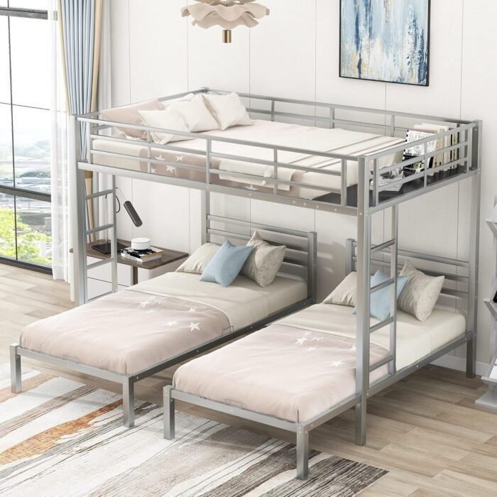 Metal Triple Bunk Bed, Full Over Twin & Twin Size Bunk Bed with Built-in Shelf and Ladder