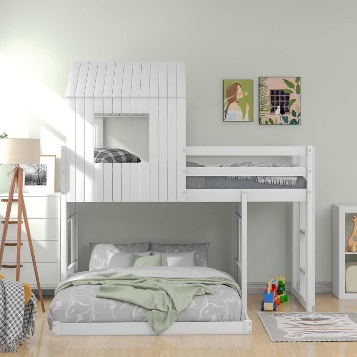 Loft Bed with Playhouse, Wooden Twin Over Full Bunk Bed with Ladder