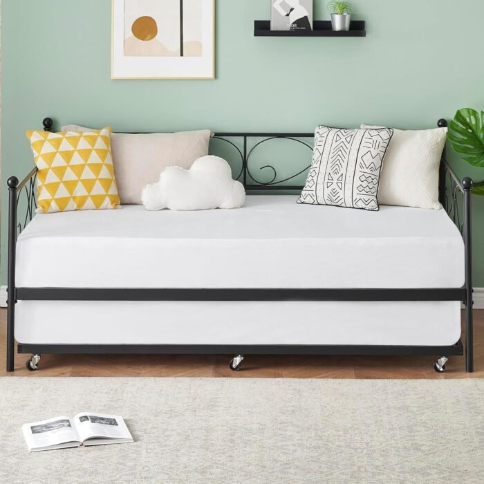 Metal Daybed Frame with Trundle Heavy Duty Metal Slats/Mattress Foundation Platform Sofa Bed with Headboard for Bedroom