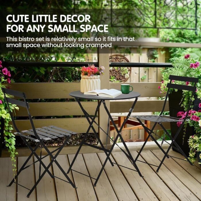 3-Piece Bistro Table and Chairs, Wrought Iron Bistro Set, Anti-Rust, Waterproof Folding Cafe Table and Chairs Set of 2