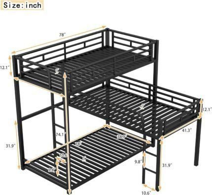 Metal L-Shaped Triple Bunk Bed, Twin Over Twin Over Twin Triple Bunk Bed with Built-in Ladder Heavy Duty Bunk