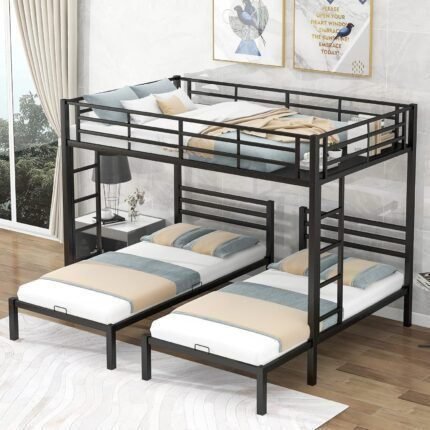 Triple Bunk Bed Full Over Twin&Twin Size, L-Shaped 3 in 1 Metal Bunkbed