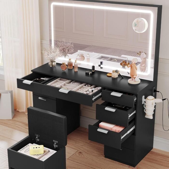 46'' Makeup Vanity Set with LED Mirror & Power Outlets, 11-Drawer Vanity Desk with Magnifying Glass