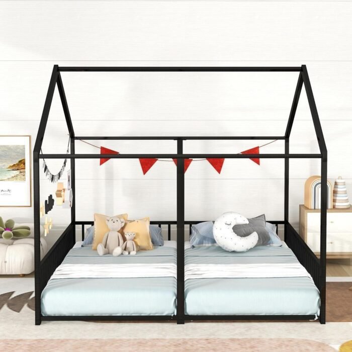 Double Floor Bed for Twins,Twin Size House Bed for 2 Kids,Two Shared Beds,Twin House Platform Beds