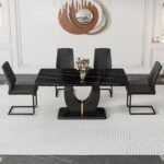 Table and Chairs Set of 4 with Mareble Table Black Rectangular Kitchen Table Set