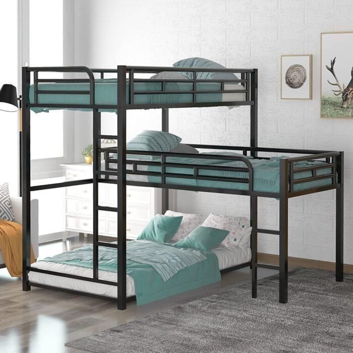 Shaped Twin Over Twin Bunk Bed with Loftbeds Design for Kids Bedroom,3 in 1 Metal Bedframe