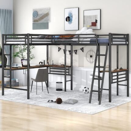 Double Twin Size Loft Beds, Metal L-Shaped Loft Bed Frame with Two Desk Underneath for 2 Kids Boys Girls Teens