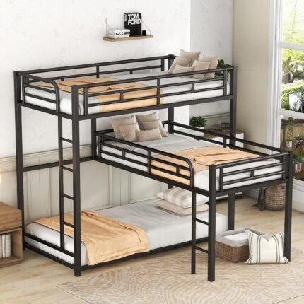 Metal L-Shaped Triple Bunk Bed, Twin Over Twin Over Twin Triple Bunk Bed with Built-in Ladder Heavy Duty Bunk