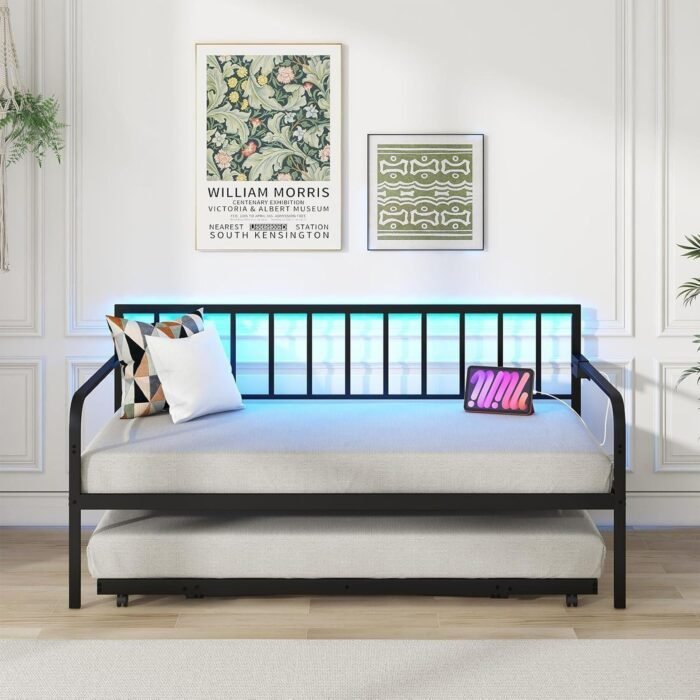 Twin Daybed with Trundle, Metal Day Bed with Charging Station LED Lights, Sofa Bed Frame with Pop up Trundle