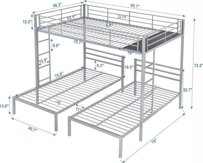 Metal Triple Bunk Bed, Full Over Twin & Twin Size Bunk Bed with Built-in Shelf and Ladder