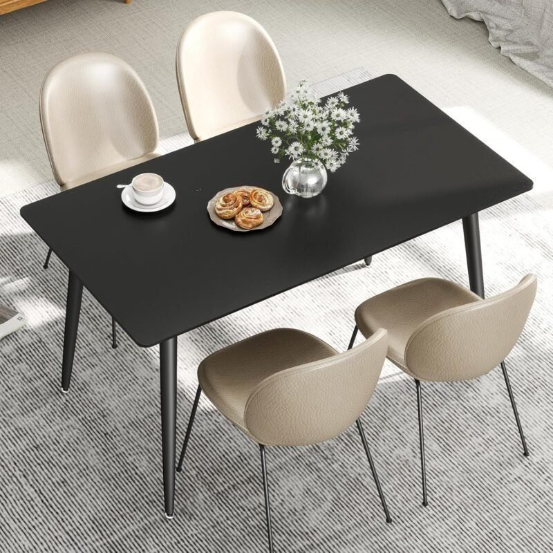 Dining Table, Black 55" Kitchen Table with Sintered Stone Marble Table Top and Metal Legs